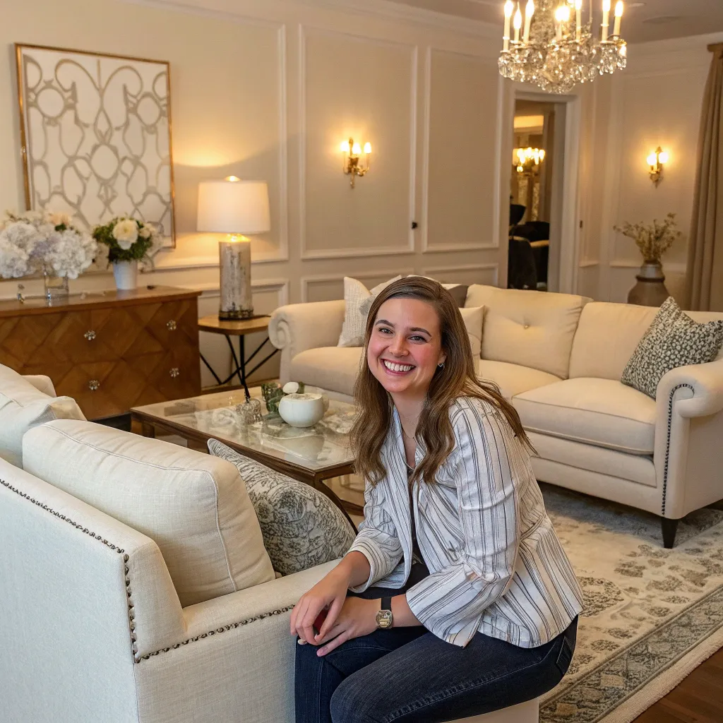 Alice smiling with her new living room set